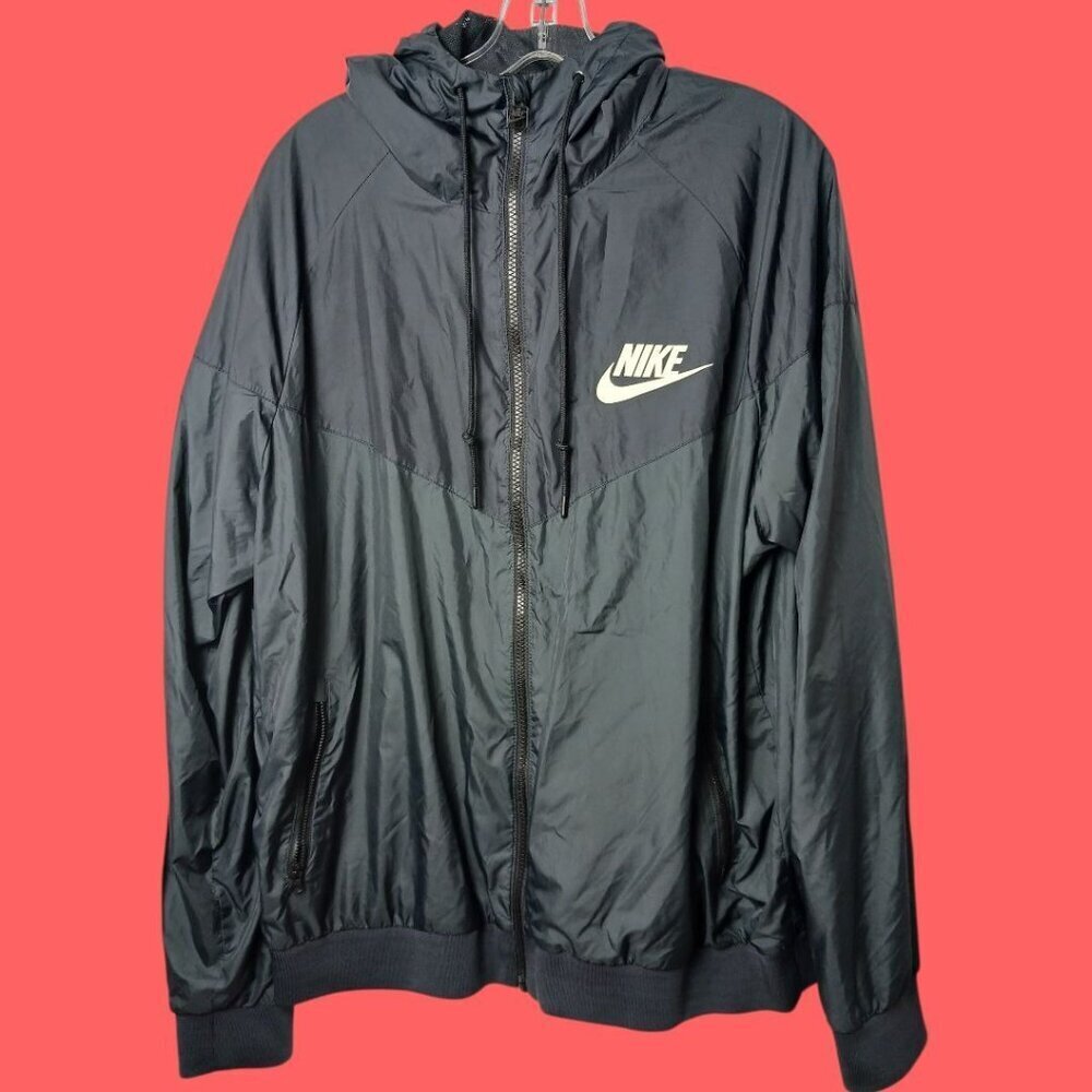 Nike Mens Black Hooded Windbreaker Jacket Lightweight  W/Logo Black/ Gray Xlarge